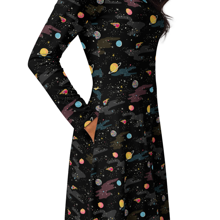 Nerdy A Starry Galaxy Outer Space Long Sleeve Midi Dress