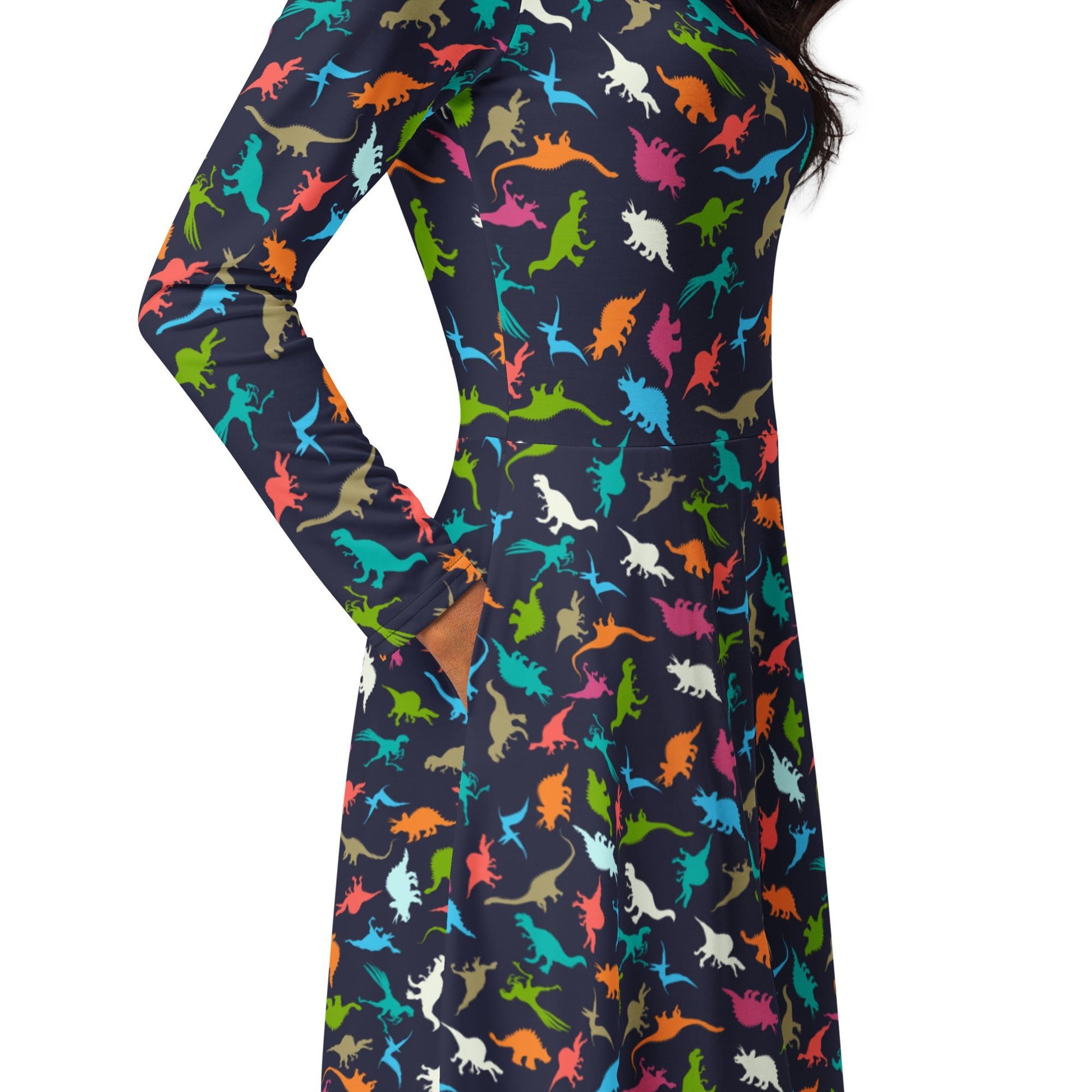 Colorful Dinosaur Silhouettes Navy Long Sleeve Midi Dress 5