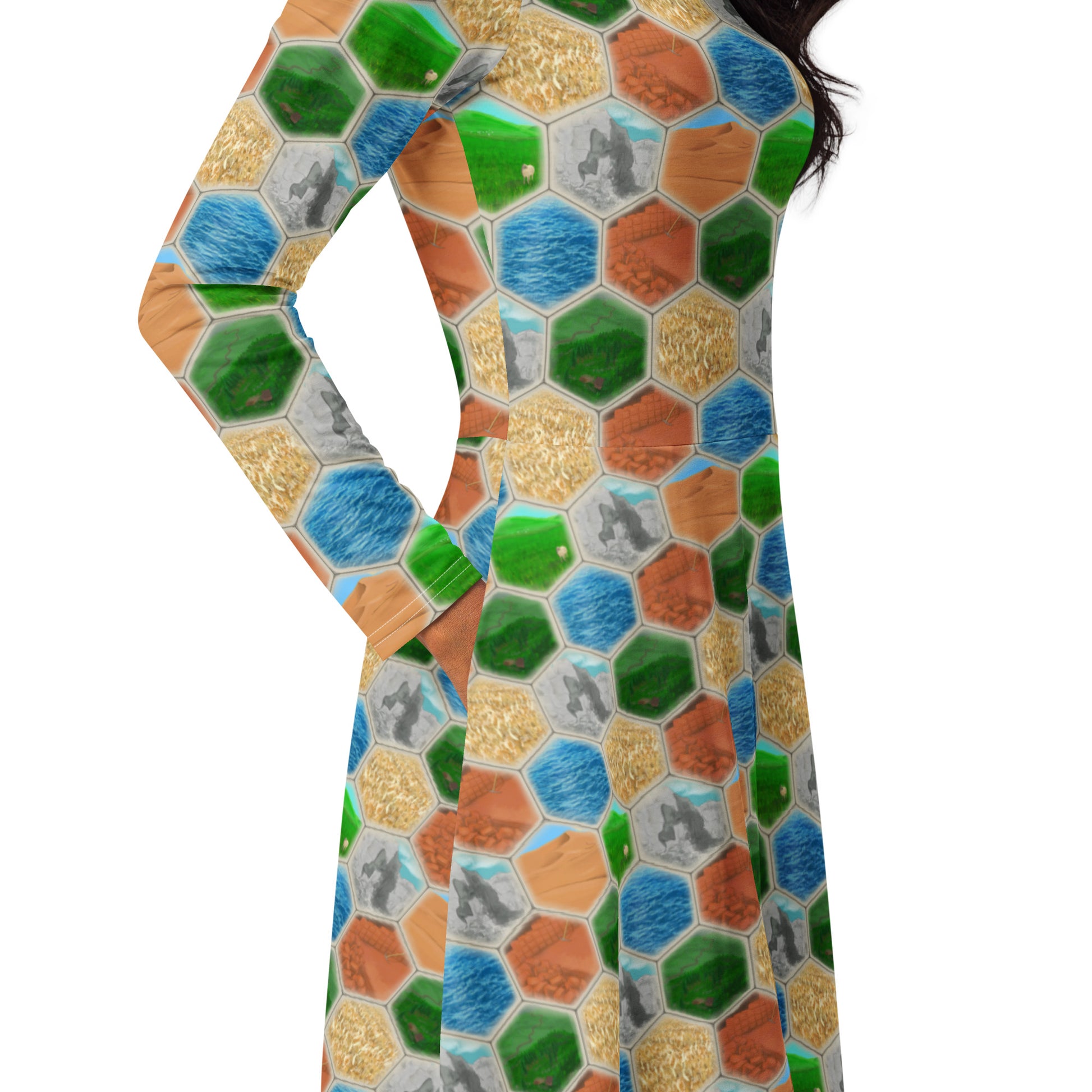 Hexagon Tile Board Game Long Sleeve Midi Dress 5