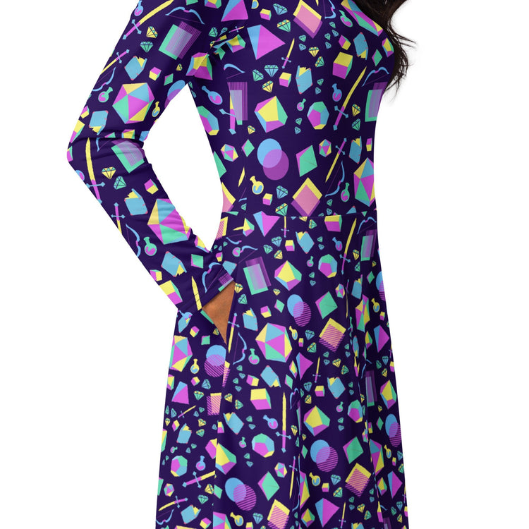 Nerdy Tabletop RPG Weapons Items Purple Blue Dnd Long Sleeve Midi Dress
