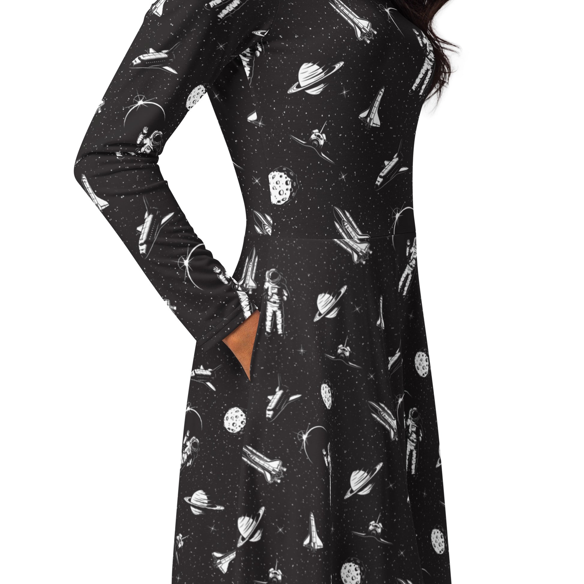 Space Mission Black Outer Space Long Sleeve Midi Dress 5