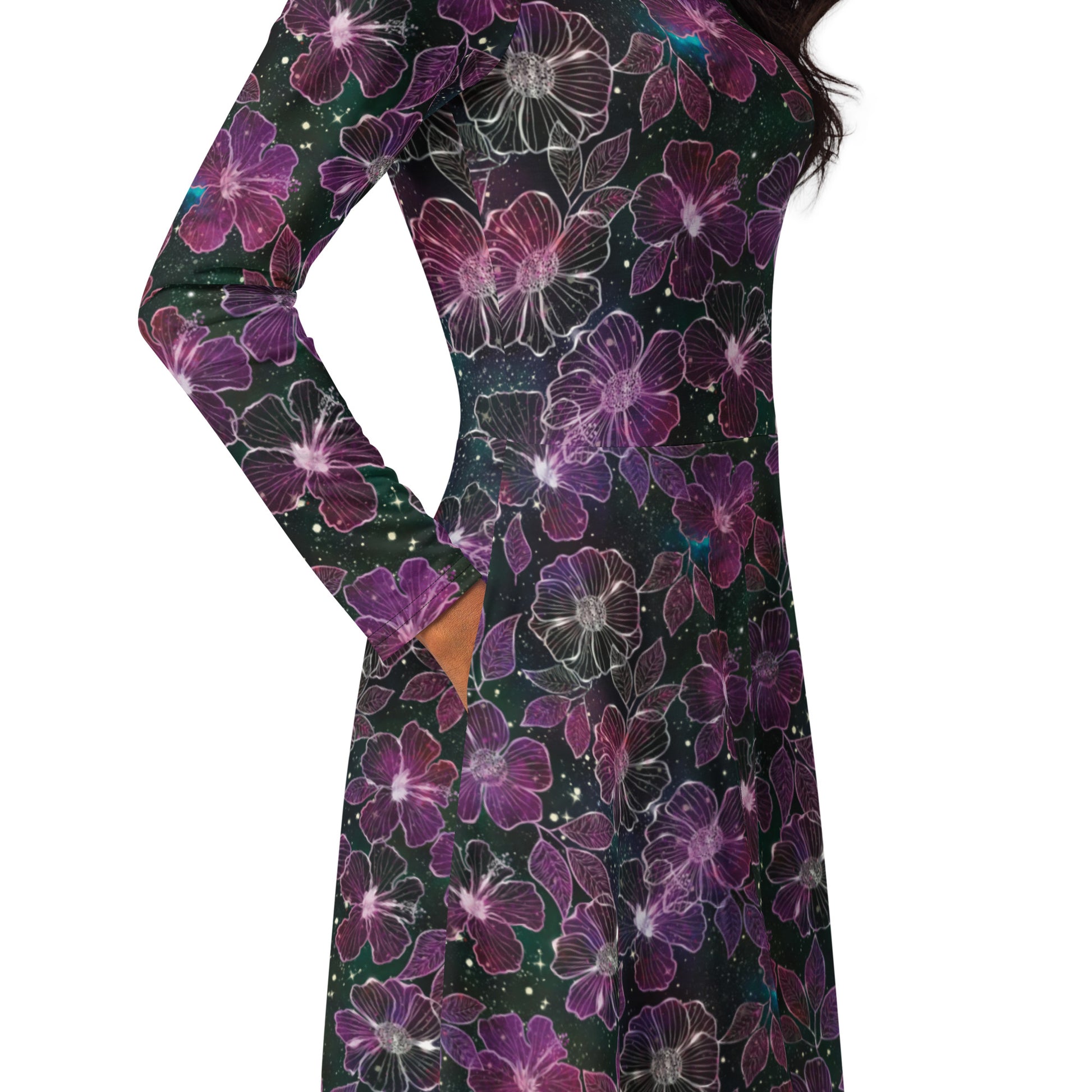 Hawaiian Blooms Space Long Sleeve Midi Dress 5