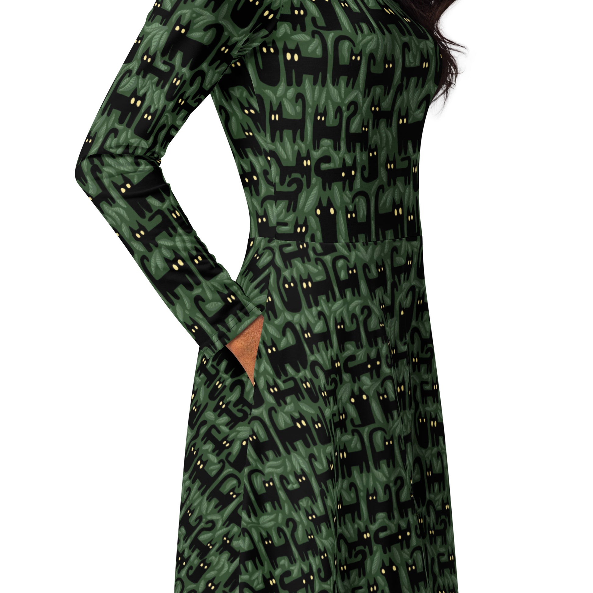 Cats in the Leaves Long Sleeve Midi Dress 5