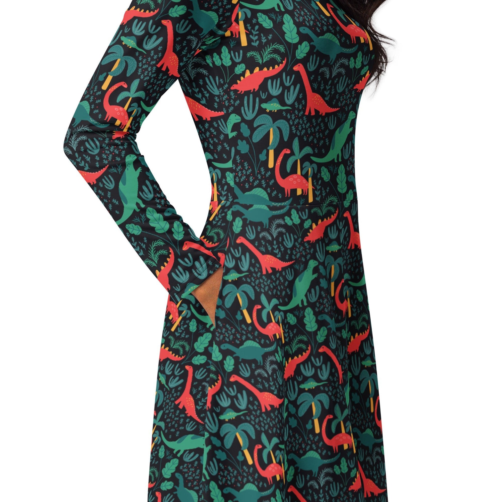 Tropical Dinosaur Green Aloha Long Sleeve Midi Dress 5