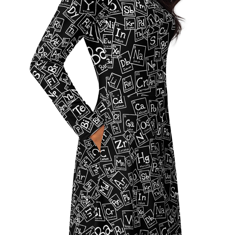 Nerdy Periodic Table BW Long Sleeve Midi Dress