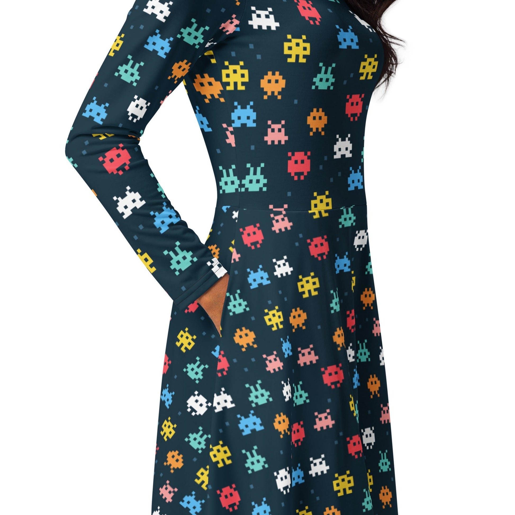 Pixel Monsters Teal Video Game Long Sleeve Midi Dress 5