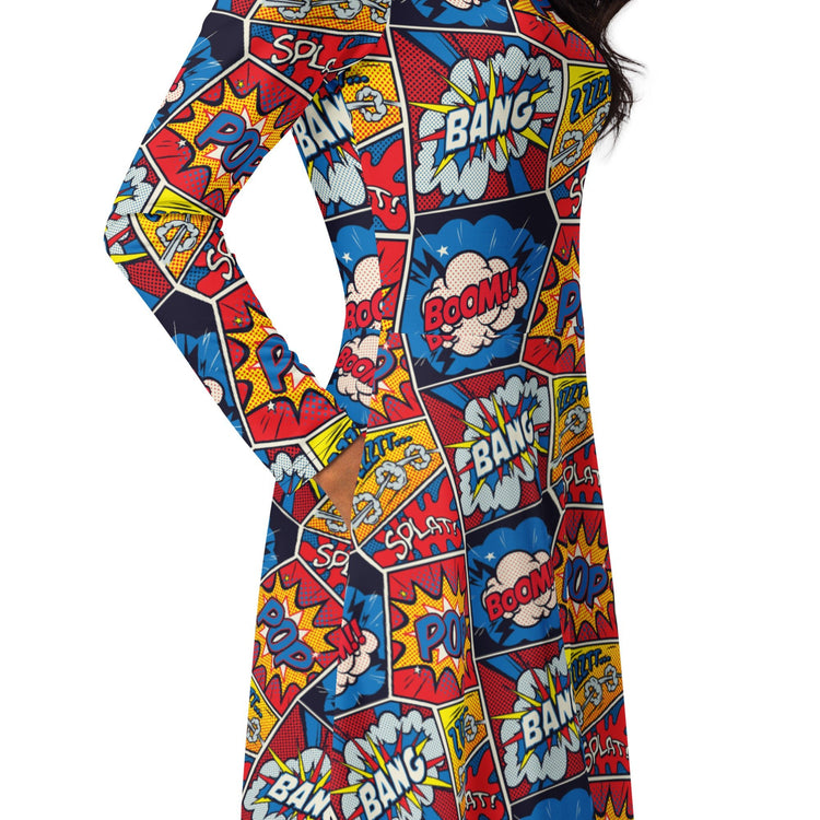 Nerdy Pop Art Comic Book Red Long Sleeve Midi Dress