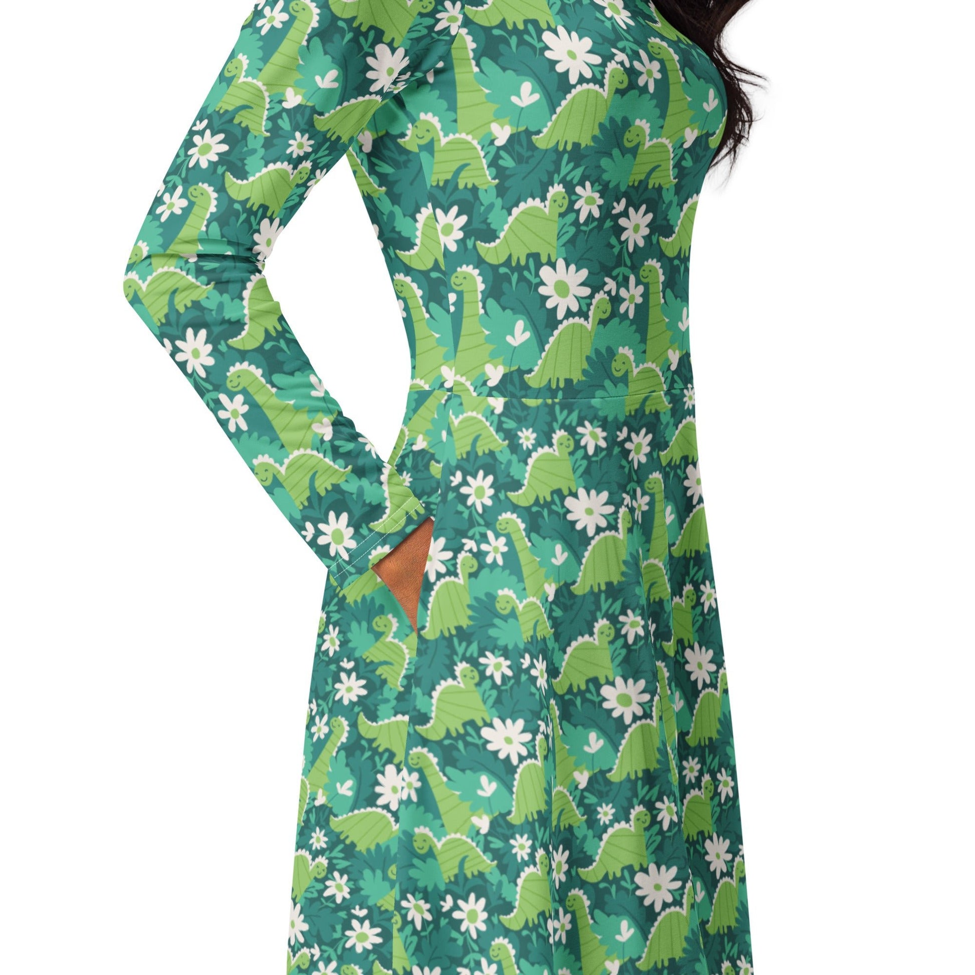 Dinosaur Smiles Flowers and Leaves Long Sleeve Midi Dress 5
