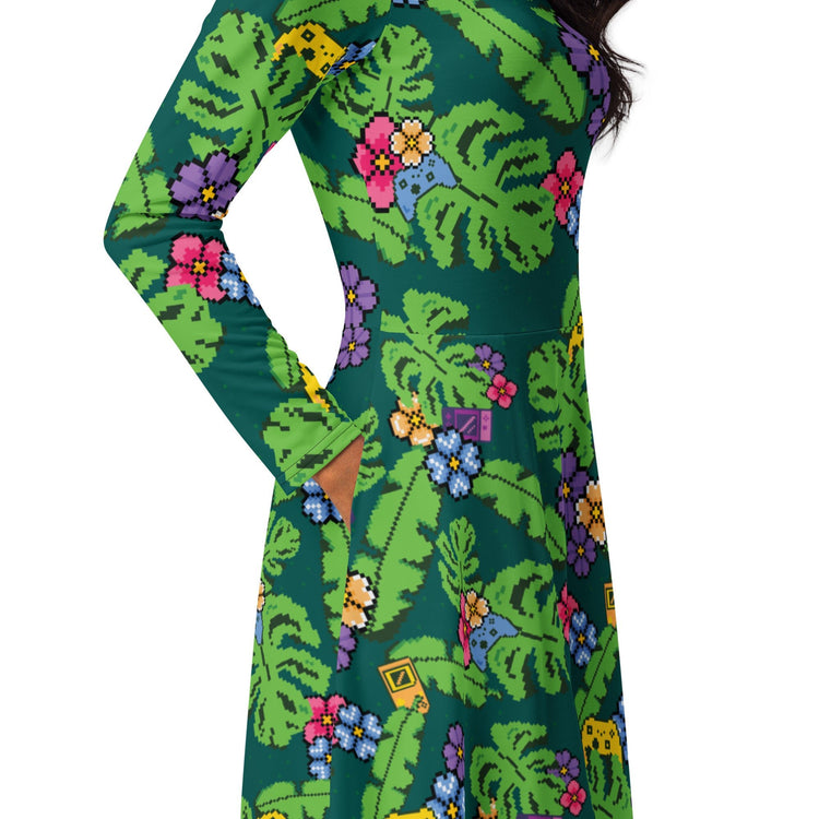 Nerdy Tropical Video Game Pixels Long Sleeve Midi Dress