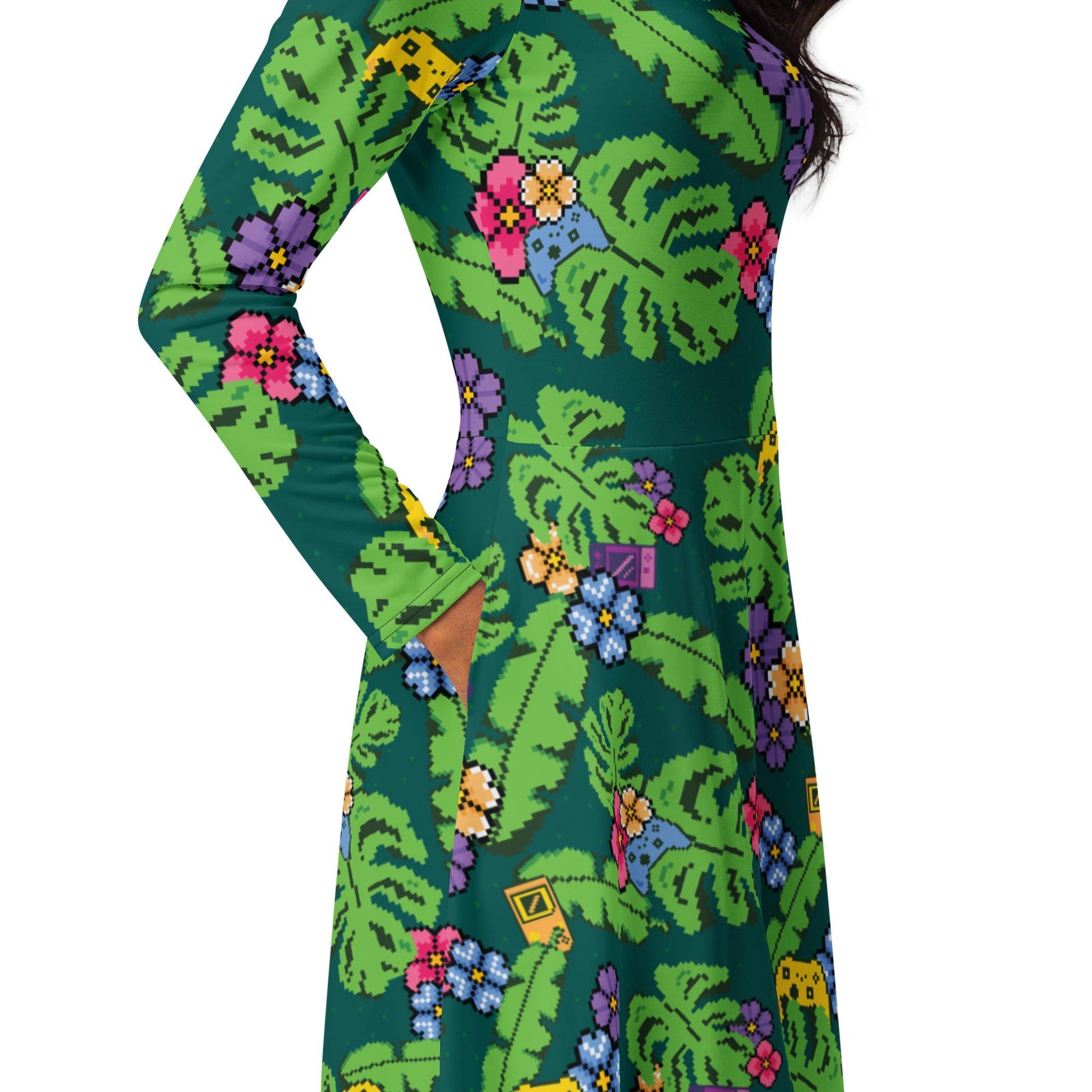 Tropical Video Game Pixels Long Sleeve Midi Dress 5