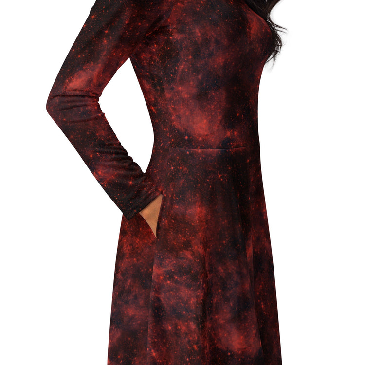 Nerdy Red Nebula Space Long Sleeve Midi Dress