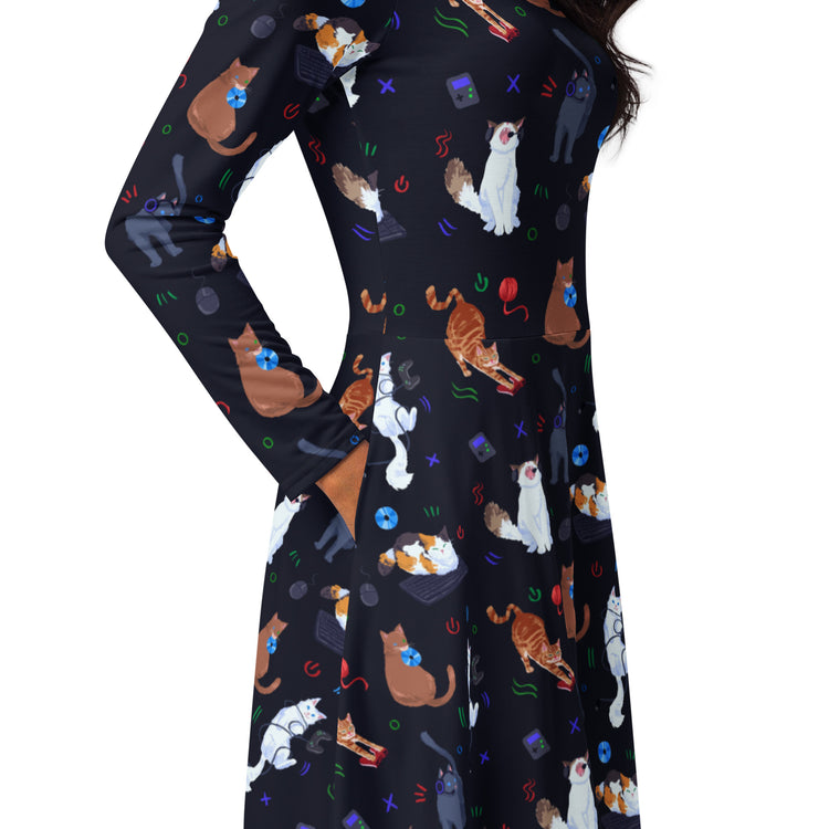 Nerdy Video Game Cats Dark Long Sleeve Midi Dress