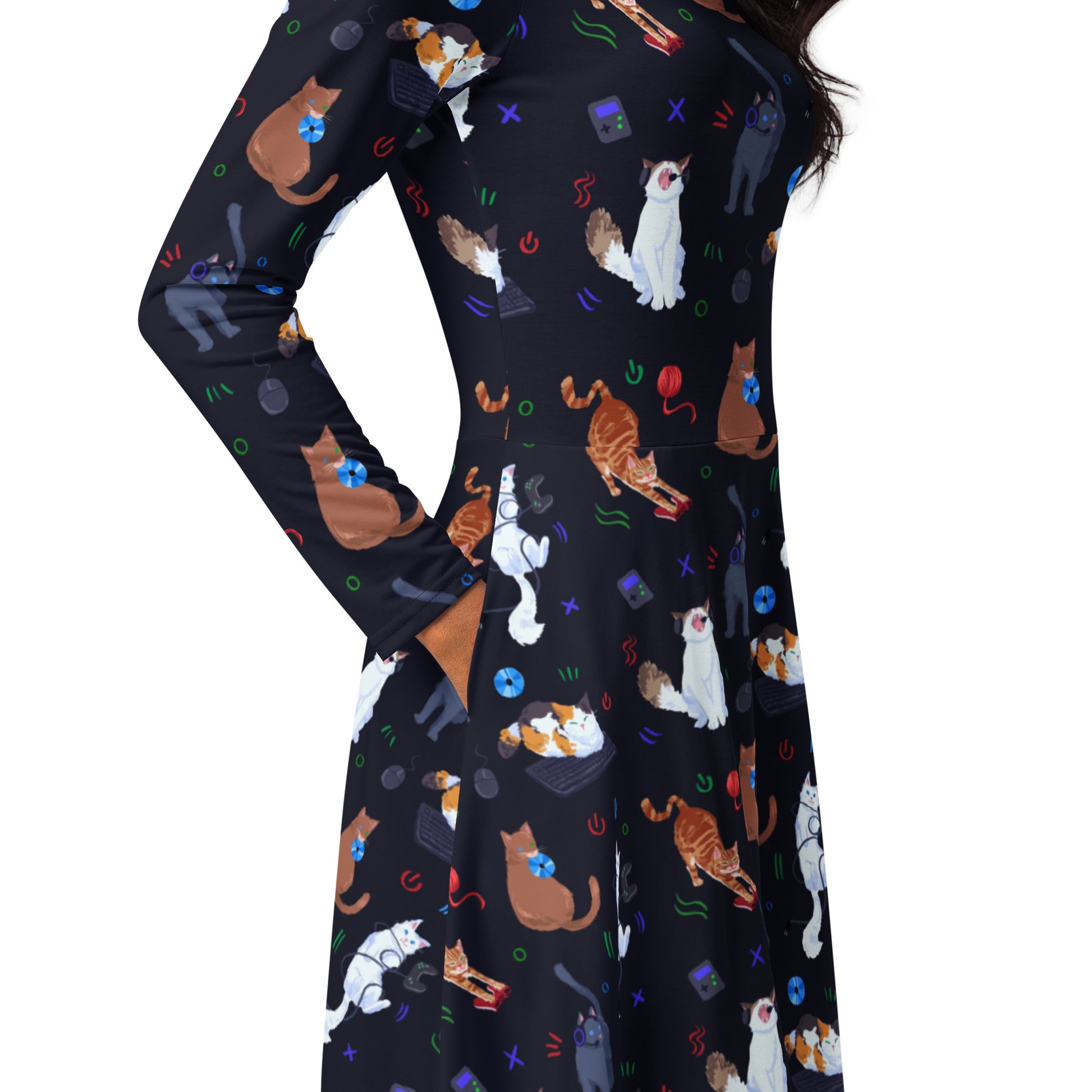 Video Game Cats Dark Long Sleeve Midi Dress 5