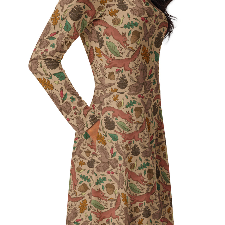 Nerdy Fall Squirrel Long Sleeve Midi Dress