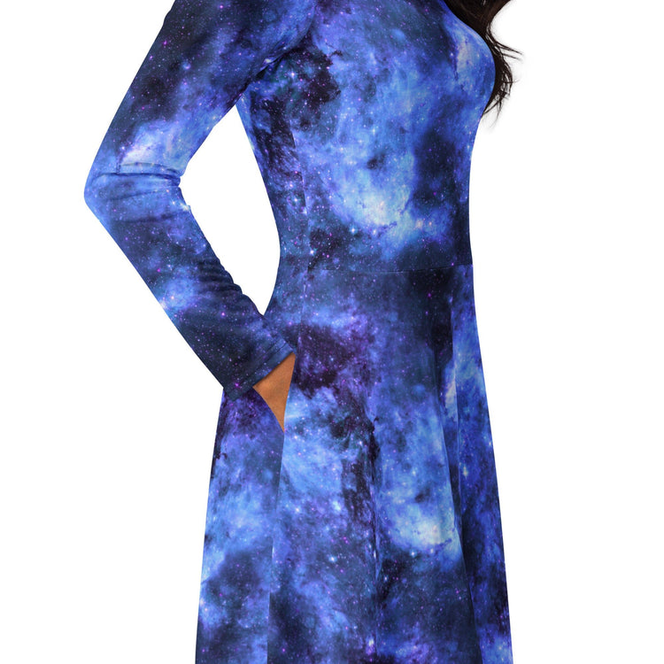Nerdy Blue Purple Nebula Space Long Sleeve Midi Dress