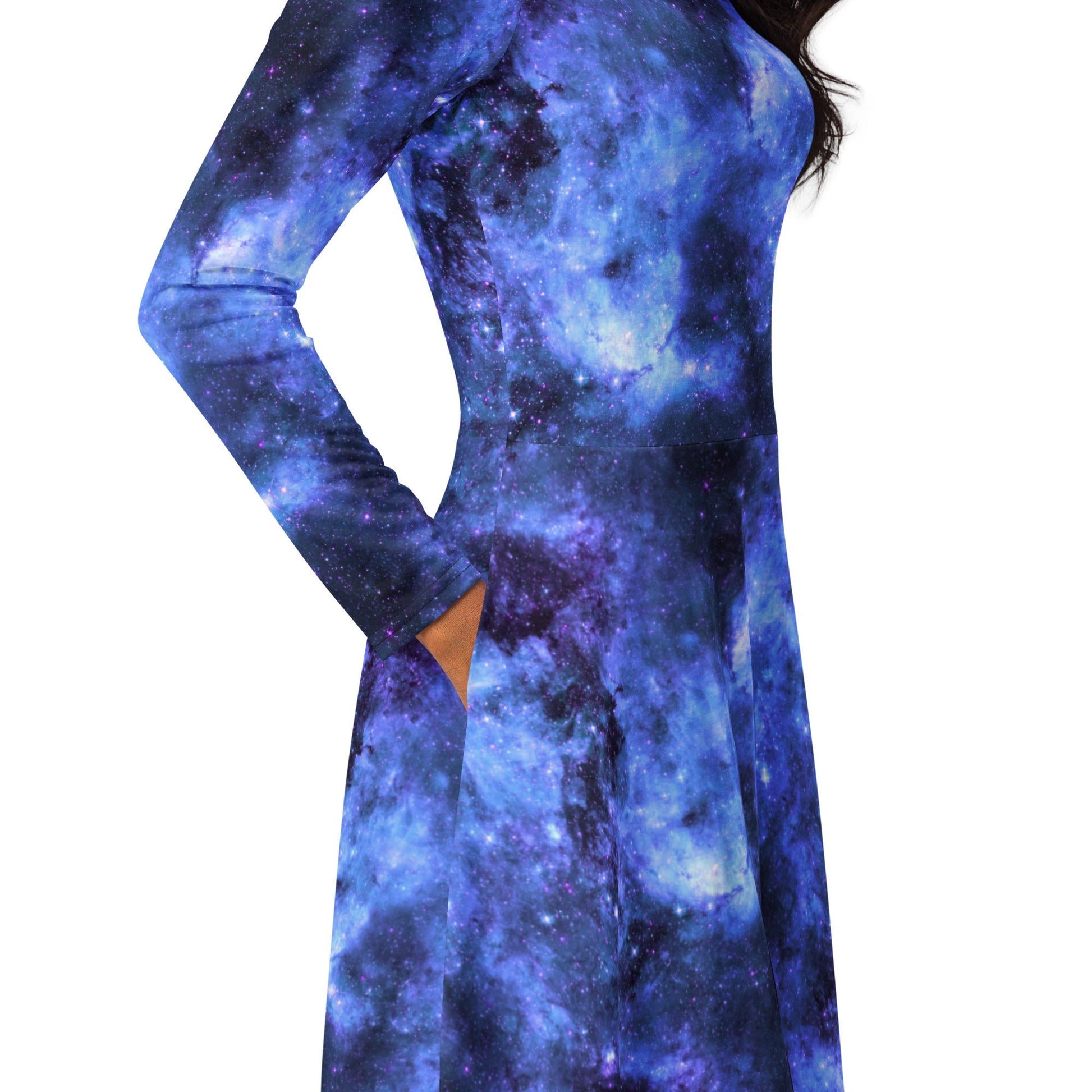 Blue Purple Nebula Space Long Sleeve Midi Dress 5