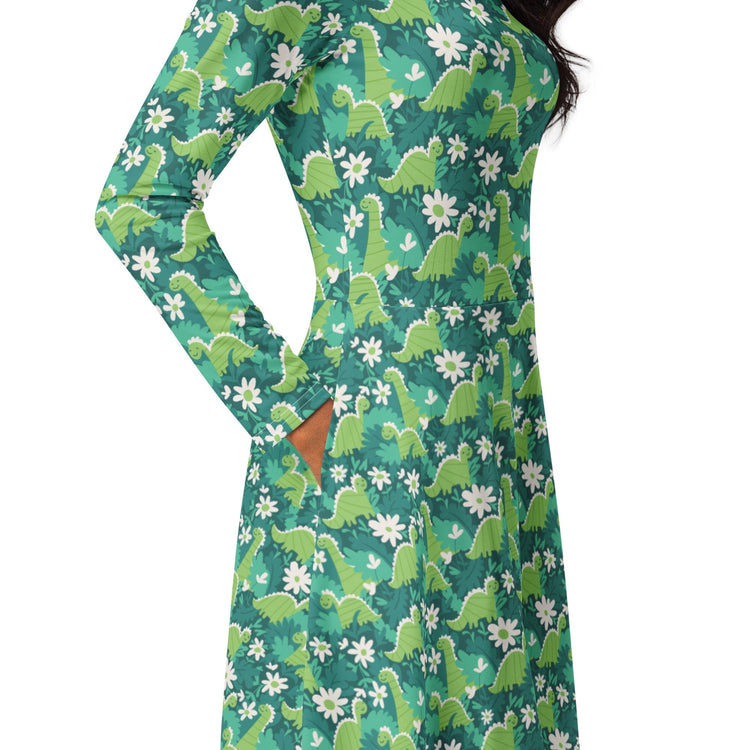 Nerdy Dinosaur Smiles Flowers and Leaves Long Sleeve Midi Dress