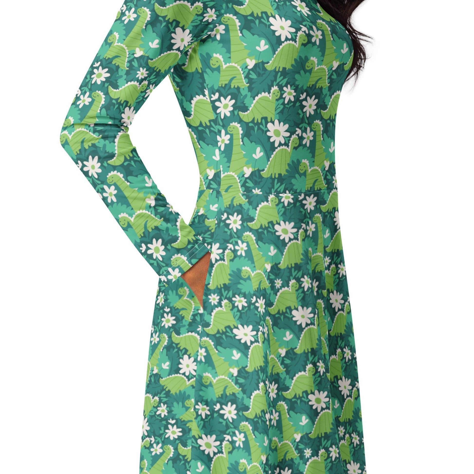 Dinosaur Smiles Flowers and Leaves Long Sleeve Midi Dress 5