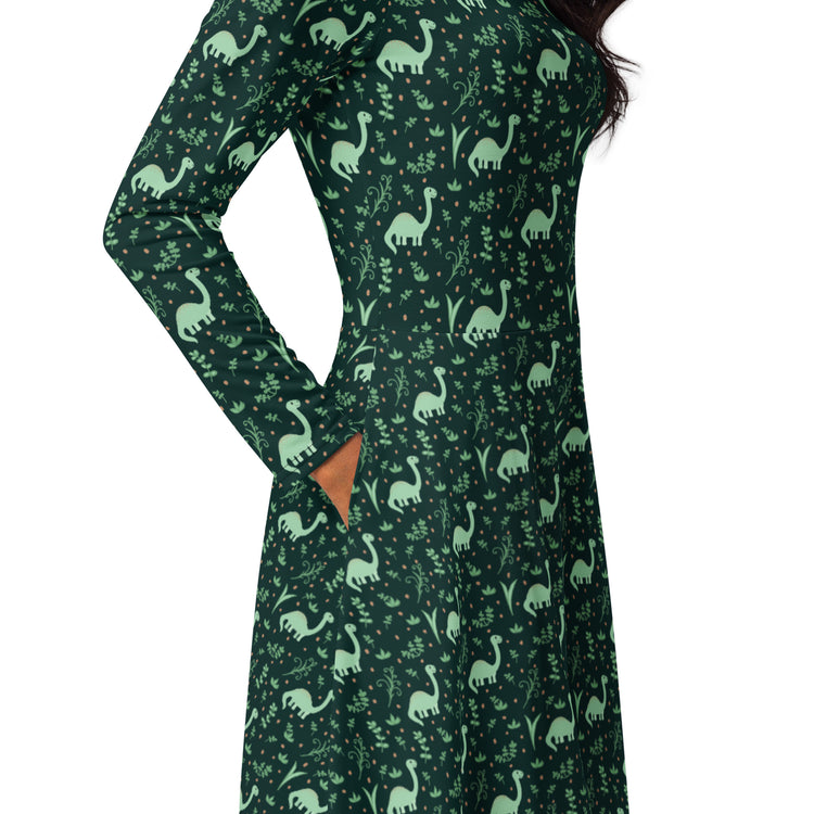 Nerdy Dino Green Tropics Green Dinosaur Long Sleeve Midi Dress