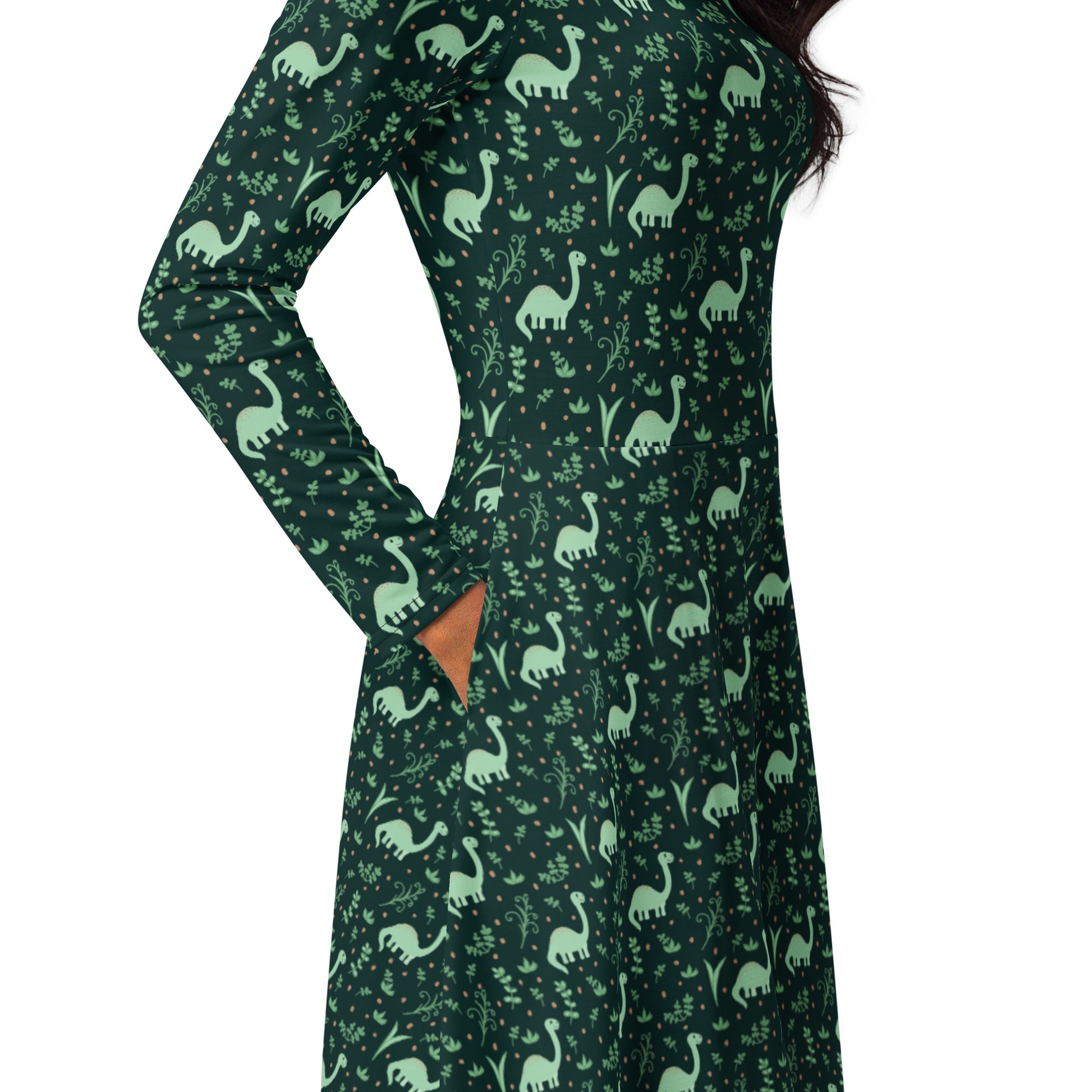 Dino Green Tropics Green Dinosaur Long Sleeve Midi Dress 5