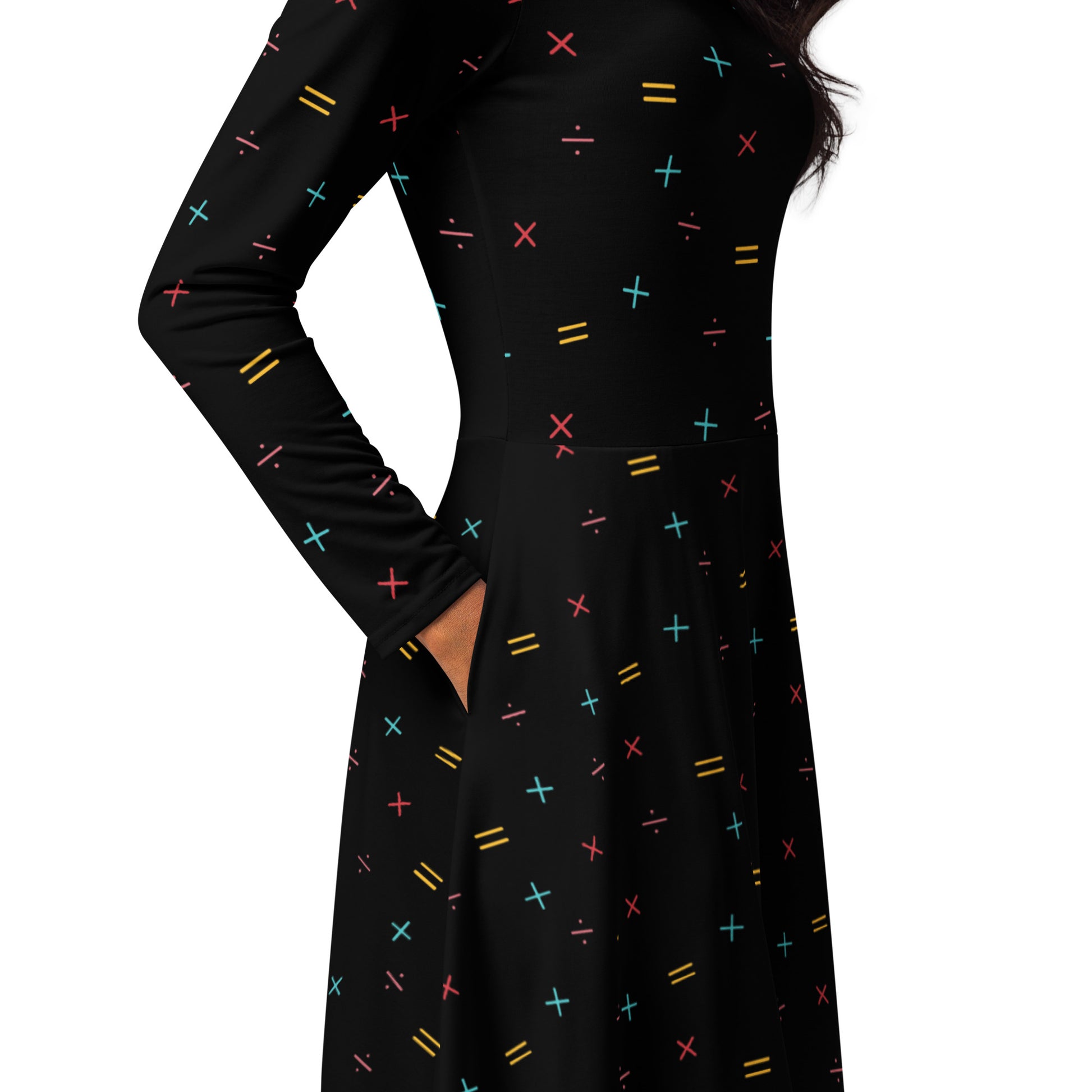 Math Symbols Black Long Sleeve Midi Dress 5