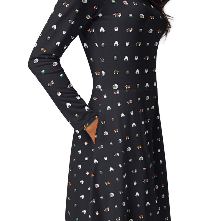 Nerdy Anime Sushi Rolls Dark Long Sleeve Midi Dress