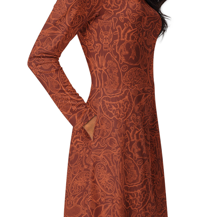 Nerdy Human Anatomy Red Long Sleeve Midi Dress