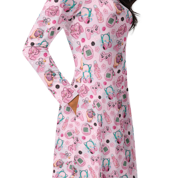 Nerdy Anime Gamer Items Pink Long Sleeve Midi Dress