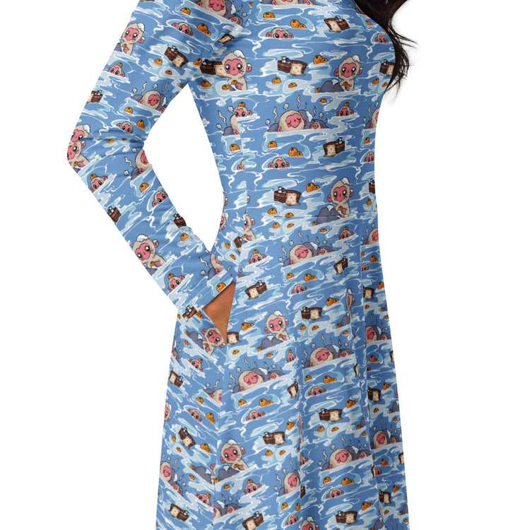 Nerdy Onsen Snow Monkeys Long Sleeve Midi Dress