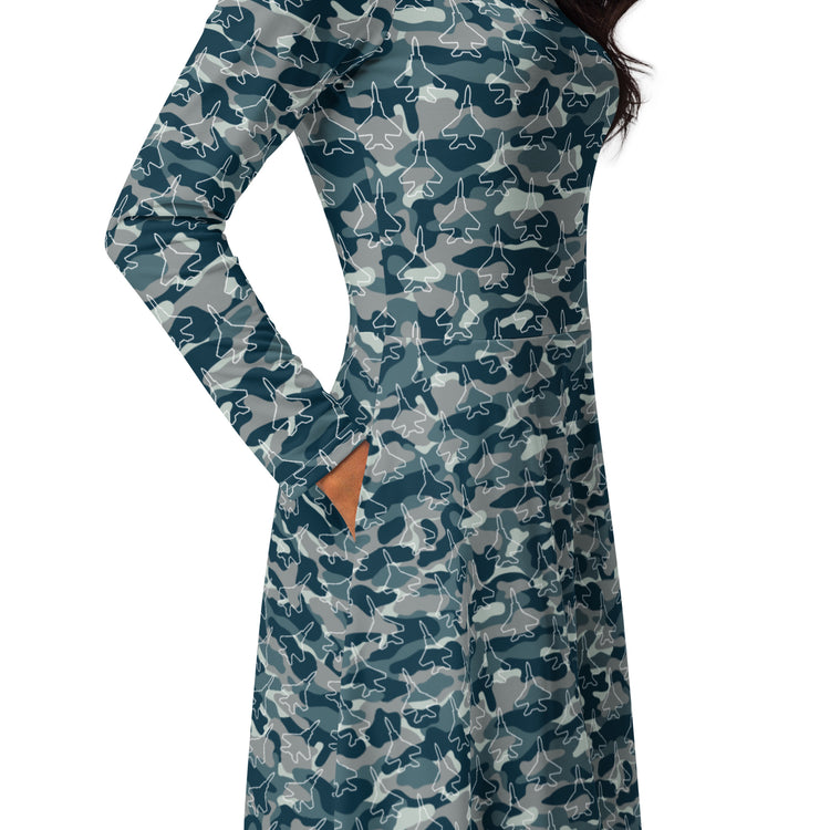 Nerdy Military Fighter Jet Navy Camo Blue Long Sleeve Midi Dress
