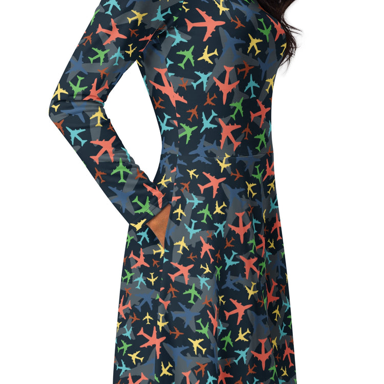 Nerdy Multi Colored Airplanes on Blue Long Sleeve Midi Dress