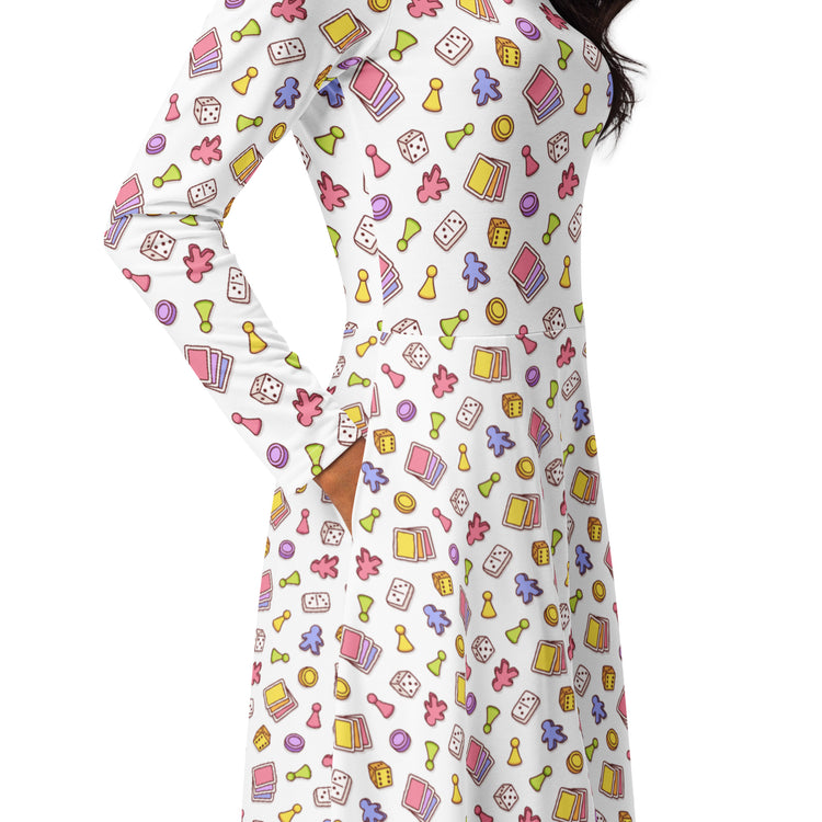 Nerdy Board Game Objects Meeples White Long Sleeve Midi Dress
