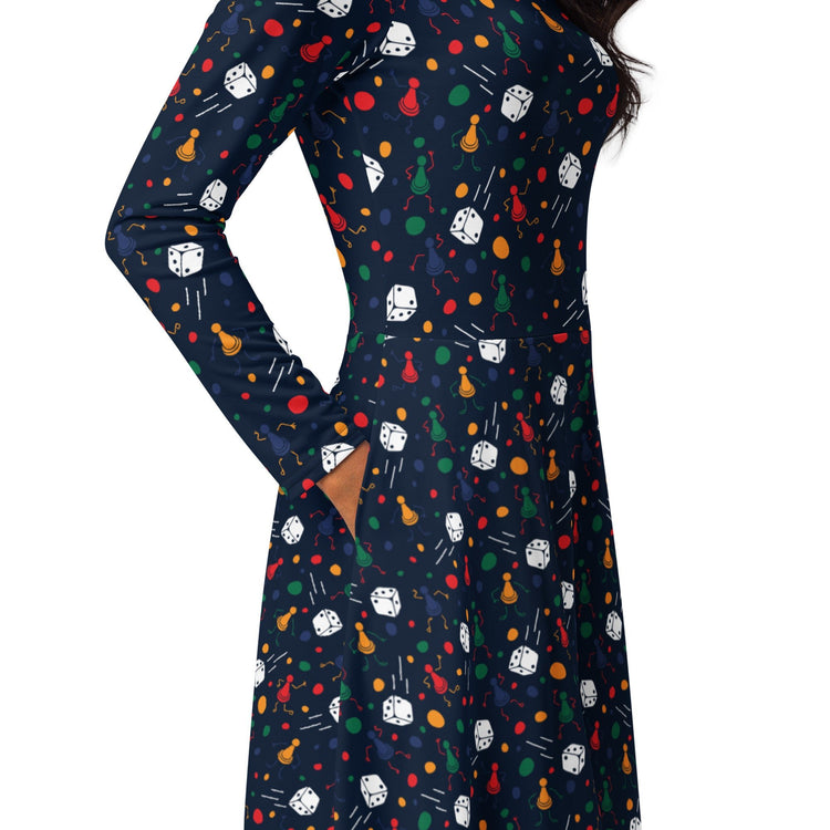 Nerdy Pawn Party Blue Board Game Long Sleeve Midi Dress
