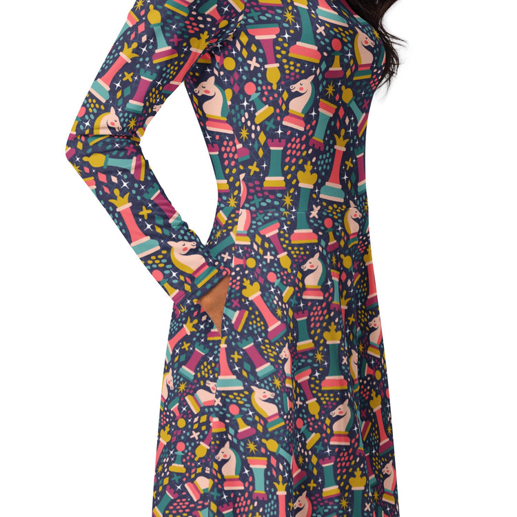 Nerdy Chess Colorful Chess Pieces Blue Long Sleeve Midi Dress