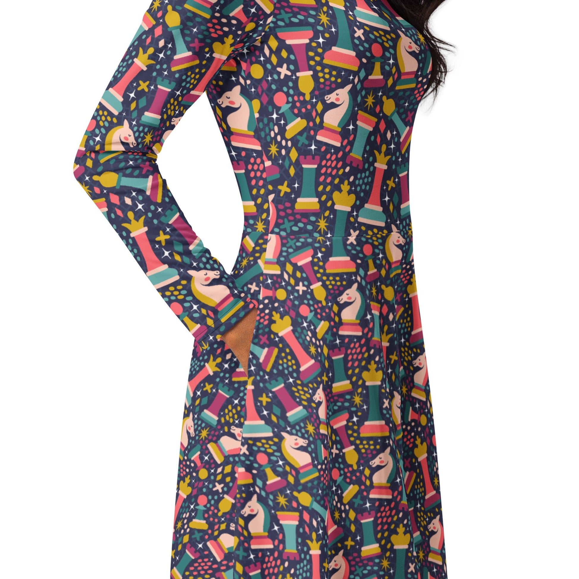 Chess Colorful Chess Pieces Blue Long Sleeve Midi Dress 5