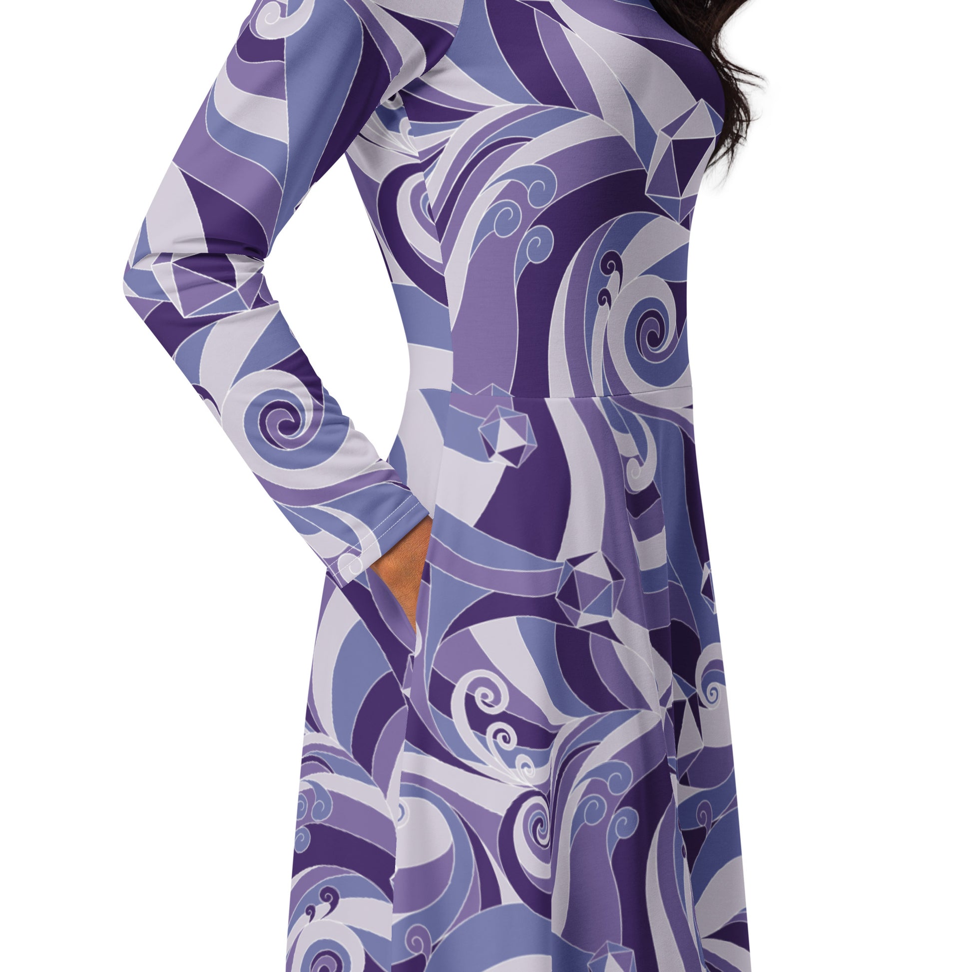 Dnd Dice Swirls Purple Long Sleeve Midi Dress 5
