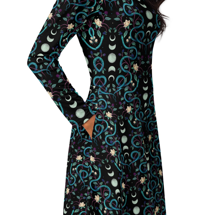 Nerdy Episodic Serpent Moon Long Sleeve Midi Dress