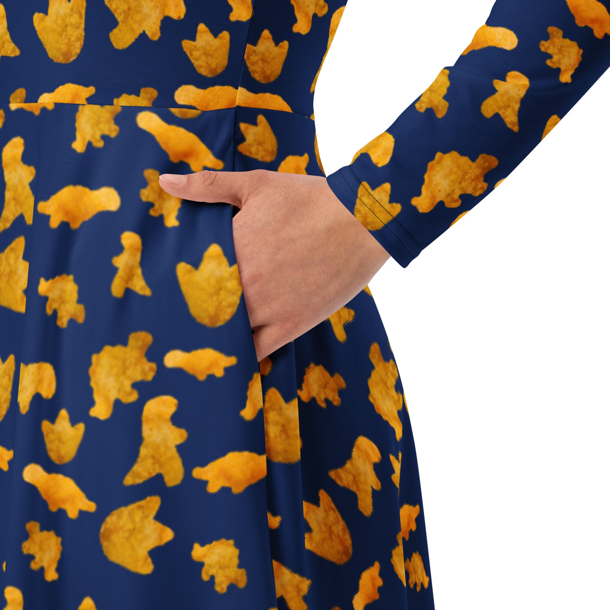 Dinosaur Chicken Nuggets Blue Long Sleeve Midi Dress 6