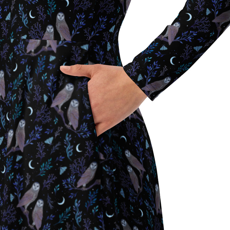 Nerdy Episodic Owl Floral Long Sleeve Midi Dress