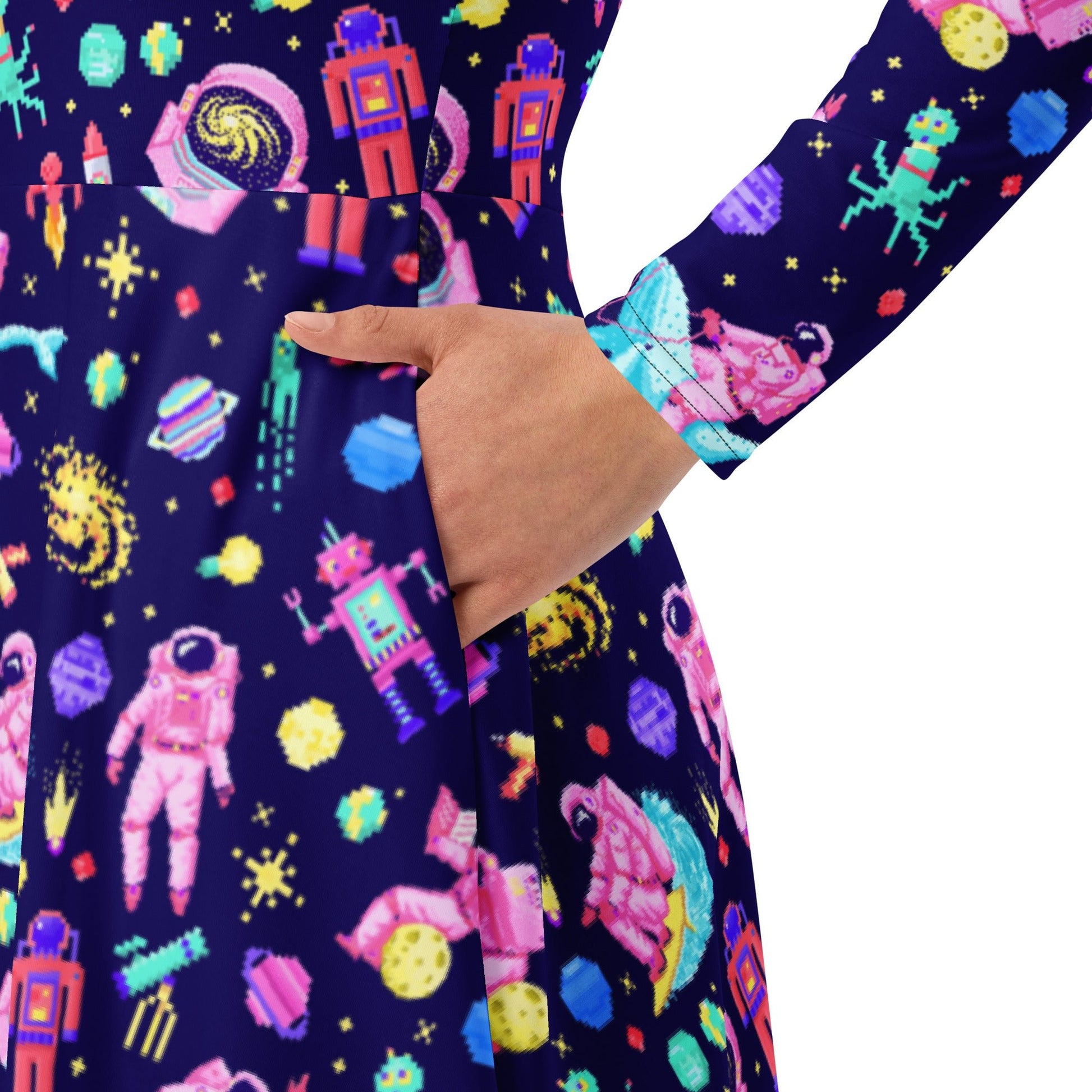 Astronaut Pixels Outer Space Purple Blue Long Sleeve Midi Dress 6