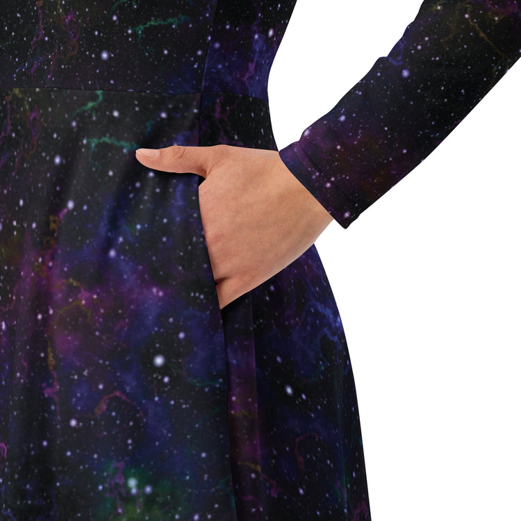 Nerdy Beautiful Nebula Outer Space Long Sleeve Midi Dress
