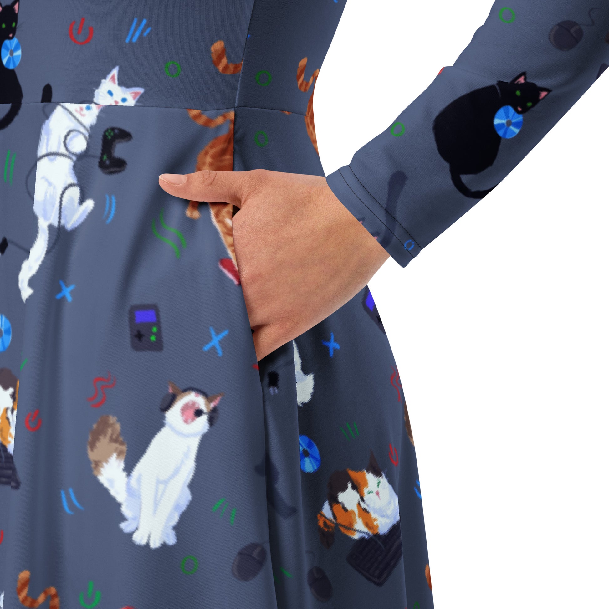 Video Game Cats Light Long Sleeve Midi Dress 6