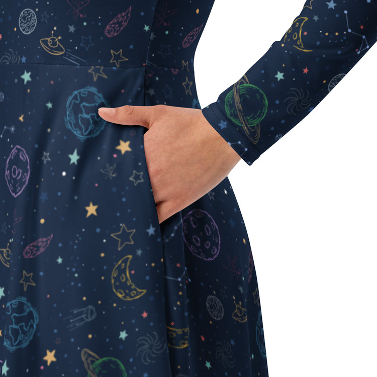 Nerdy Space Doodles Blue Long Sleeve Midi Dress