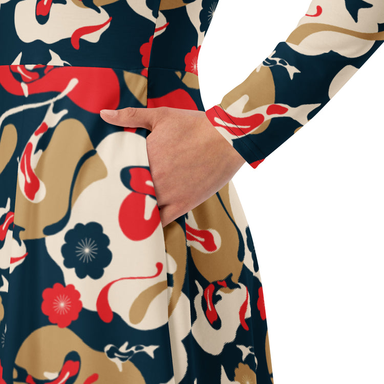 Nerdy Modern Koi Long Sleeve Midi Dress