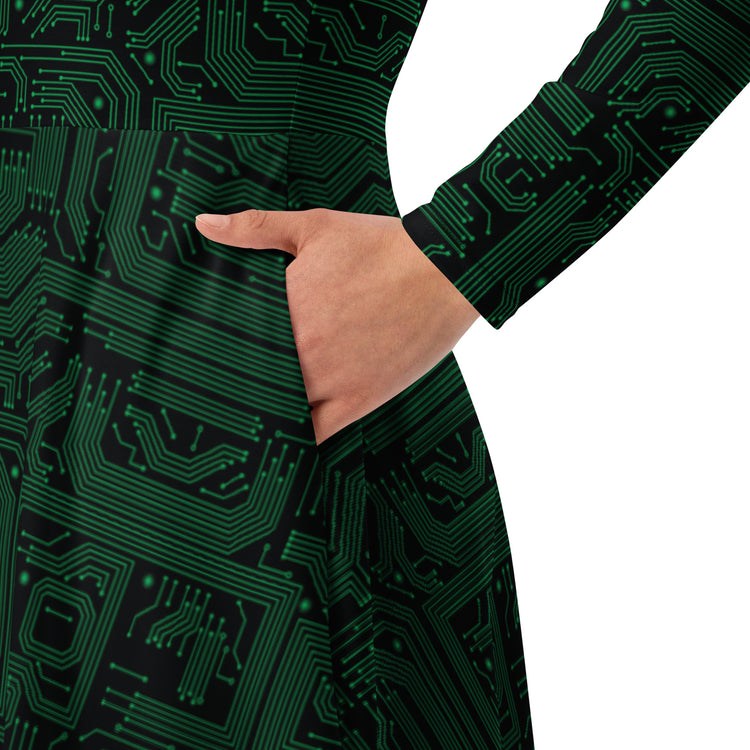 Nerdy Green Computer Circuits Long Sleeve Midi Dress
