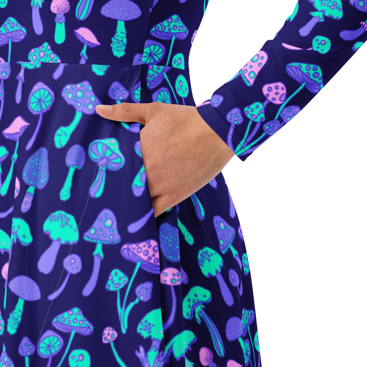 Nerdy Psychedelic Mushrooms Long Sleeve Midi Dress