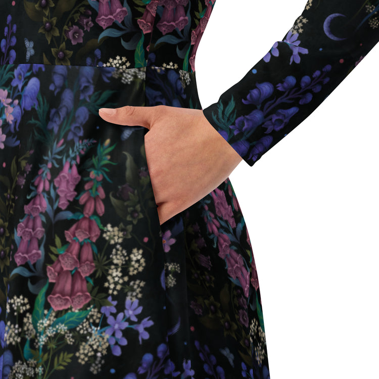 Nerdy Floral Purple Night Long Sleeve Midi Dress
