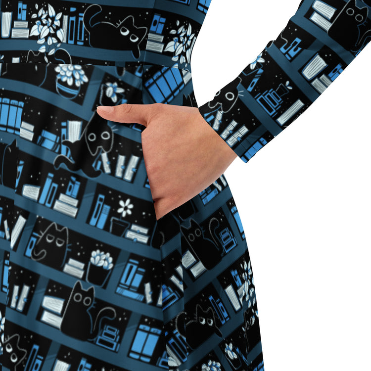 Nerdy Purrrfect Library Long Sleeve Midi Dress