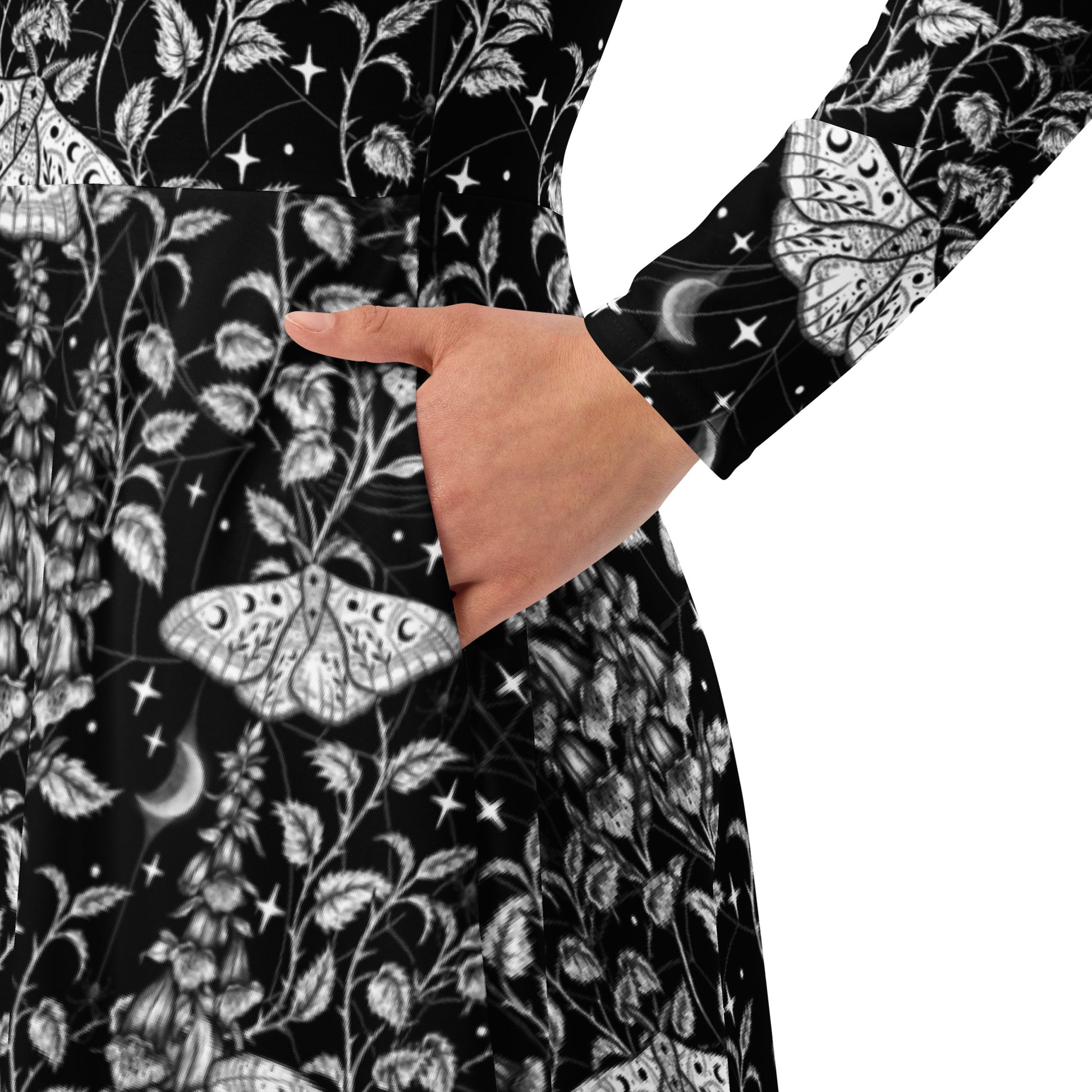 Episodic Moth Black White Night Long Sleeve Midi Dress 7