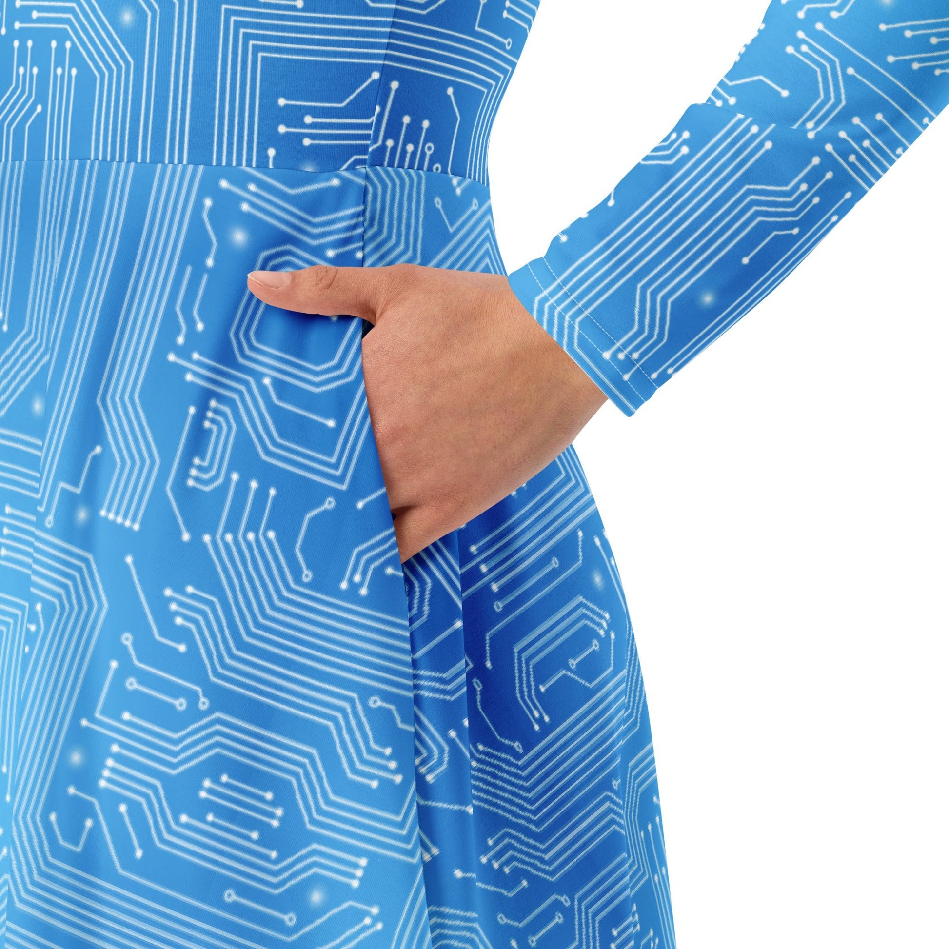 Blue Computer Circuit Board Long Sleeve Midi Dress 6